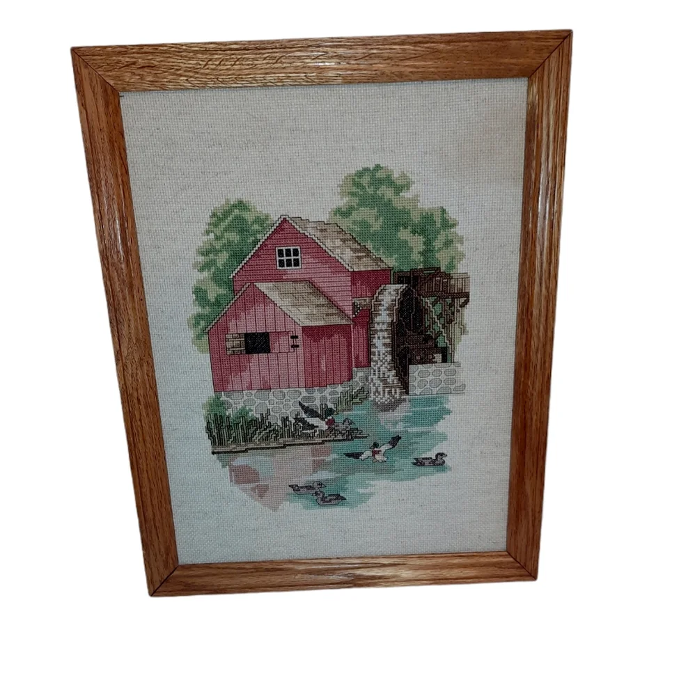 Vintage Needle Point Farm Country Scene Tapestry W